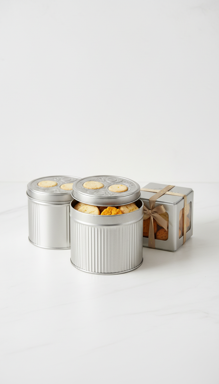 Assorted gift box—vanilla and orange cookies in pewter silver tin